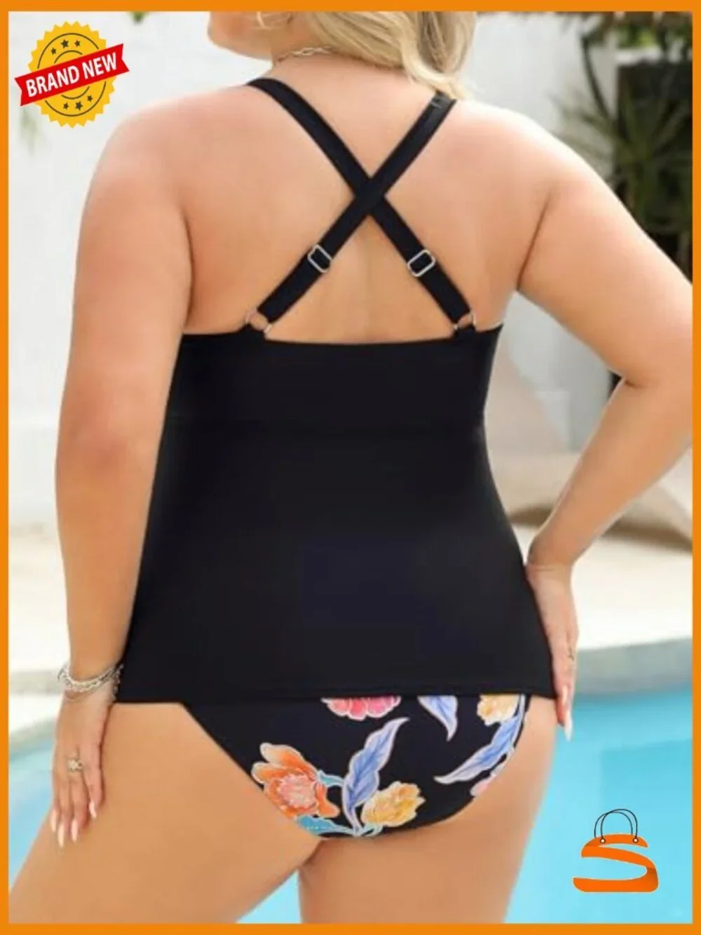Plus Size Tankini Set V Neck Crisscross Back Tie O Ring